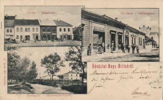 Nagybiccse, Főtér, Vár utca, Gyufagyár, Friedler Ignác és Kohn Mór üzlete / square, match factory, shops (EK)