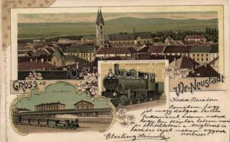 Wiener Neustadt railway station, locomotive, floral, litho (fl)