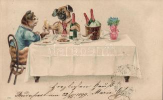 1899 Dog and cat, eating, litho
