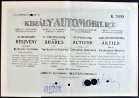 Budapest 1923. "Király Automobil Rt." 25 részvénye egyenként 200K-ról szelvényekkel "SELEJTEZVE" felülbélyegzéssel T:II