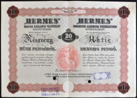 Budapest 1926. HERMES Magyar Általános Váltóüzlet Részvénytársaság" részvénye 20P-ről szelvényekkel "SELEJTEZVE" felülbélyegzéssel és lyukasztással T:II