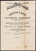 1879 Pest, Ludwig József puskaműves árjegyzéke fegyverekről és vadászati szerekről, hátoldalán kézírással, Ludwig József sajátkezű aláírásával.