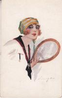Tennis lady; American art postcard, artist signed