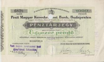 Budapest 1944. A Pesti Magyar Kereskedelmi Bank pénztárjegye 1000P-ről lyukasztott T:II-