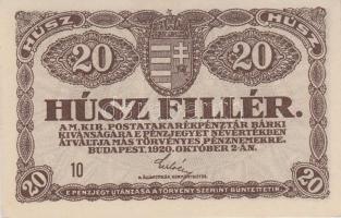 1920. 20f T:I + 1K T:II + 2K "2aa" (2x) egyugrású sorszámmal T:I