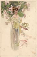 Lady, floral litho art postcard (fl)