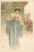 Lady, floral litho art postcard