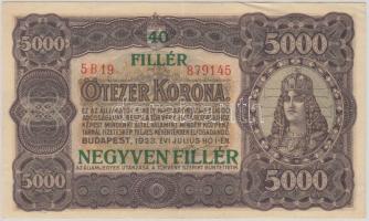 1923. 5000K T.W nyomdahely jelöléssel "40 FILLÉR NEGYVEN FILLÉR" felülbélyegzéssel T:II-