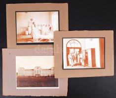 Cca 1914-1920 Csonka Béla: A marosvásárhelyi hadikórház épülete, műtője és betegei; 3 db 16x22 cm-es fotó, 24x32 cm-es albumlapokra felragasztva,