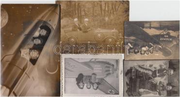 Cca 1930-1965 Emlékképek díszletek között, 5 db kfl méretű (5x8 cm-től levlapig) fotó, űrhajós, népviseletes, autós, repülős festett környezettel