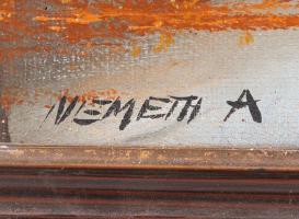 Németh jelzéssel: Őszi erdő vadásszal. Olaj, vászon, sérült, keretben, 62×30 cm