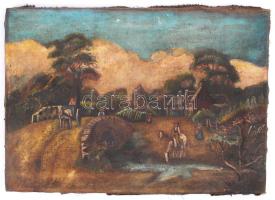 Jelzés nélkül: Naiv életkép. Olaj, vászon, koszos, 31×44 cm