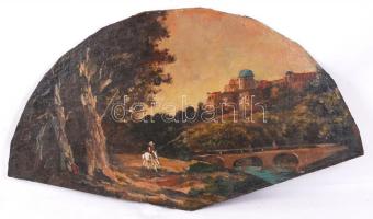 Jelzés nélkül: Lovas a város határnál. Olaj, farost, legyező alakúra vágva, koszos, 34×62 cm