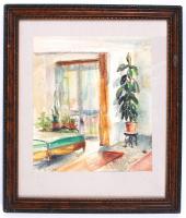 Rozsda jelzéssel: Hálószoba. Akvarell, papír, üvegezett keretben, 24×21 cm