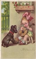 Italian art postcard, girl and dog s: Colombo (EK)