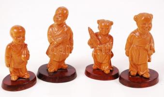 4 db kínai gyerek figura, faragott nemes fa, m:8 és 10 cm