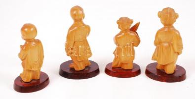 4 db kínai gyerek figura, faragott nemes fa, m:8 és 10 cm