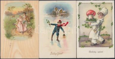 38 db régi üdvözlő, művész és cserkészlap, benne néhány litho / 38 greeting, artist and scout cards, between them some litho