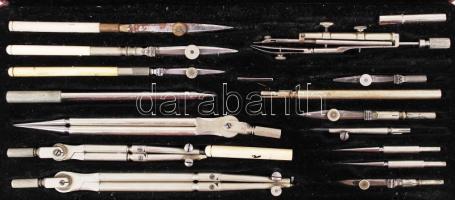 Rudolf Hübl hiánytalan antik körző készlet, 26×11 cm