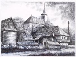 Nehánszky József (1930-): Korondi házak. Rézkarc, papír, jelzett a karcon, 17×23 cm