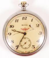 Molnija szovjet zsebóra másodpercmutatóval, hátlapján mozdonnyal. Számlapján az üveg sérült/ Soviet railways watch.