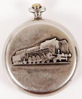 Molnija szovjet zsebóra másodpercmutatóval, hátlapján mozdonnyal. Számlapján az üveg sérült/
Soviet ...
