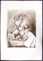 Kiss Terézia (1928-): Rózsa és gyümölcs. Rézkarc, papír, jelzett a karcon, 37×29 cm
