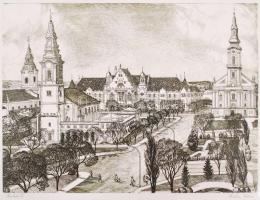 Kádas István (1941-): Kecskemét. Rézkarc, papír, jelzett, 28×39 cm