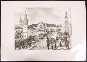 Kádas István (1941-): Kecskemét. Rézkarc, papír, jelzett, 28×39 cm
