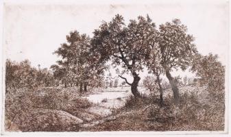 Scultéty Éva (1917-2001): Romantikus táj. Rézkarc, papír, jelzés nélkül, 14x25 cm
