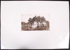 Scultéty Éva (1917-2001): Romantikus táj. Rézkarc, papír, jelzés nélkül, 14x25 cm