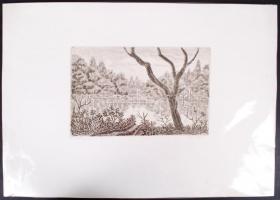Weisz Zsuzsa (1925-): Horgászhely. Rézkarc, papír, jelzett, 18×29 cm