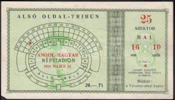 1954 belépőjegy a Népstadionba az Angol-Magyar football-mérkőzésre (a meccs a híres 6:3 visszavágója volt és Magyarország 7:1 arányban nyert).