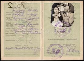 1929 Magyar Királyság családi útlevele fényképpel, okmánybélyegekkel, vízumpecsétekkel és bejegyzésekkel, jó állapotú. /  Passport