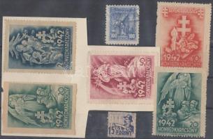 1942 Honvédkarácsony segélybélyeg 5 db, ebből 3 kivágáson + 1 db kisgazda tagsági bélyeg + 1 db Gyermekvédő Liga