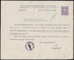 1931 Hadersdorf Weidlingau polgármestere által aláírt okmány / Document with autograph signature of the mayor