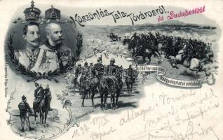 1897 Tata-Tóváros, Császári hadgyakorlatok, Kaisermanöver emléklap, Vilmos császár, Ferenc József litho