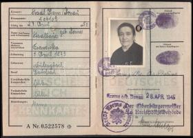 1945 Deutsches Reich fényképes, újjlenyomatos személyi igazolvány / Kennkarte ID with fingerprint and photo