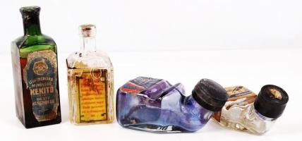 Mini antik üvegpalackok: Mecseki Itóka, Azur és Royal Blue töltőtolltinta, Kékítő, összesen:4 db