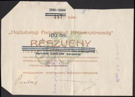 1924 Hajdúdorogi Pamutszövő Részvénytársaság  100 db részvény 1 millió koronáról levélként feladva, aláírással.