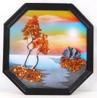 Vegyes technikával és borostyán kővel festet illetve kirakott tájkép. 26×26 cm