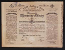 1906 Budapest, A Magyar Jelzálog-hitelbank 100 koronás nyeremény kötvénye magyar, német és francia nyelven a bank szárazpecsétjével, és a Hecht Bankház bélyegzőjével.
