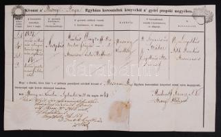 1847 Moson, Keresztlevél szárazpecséttel, koronabélyegzővel és 15 krajcáros szignettával.