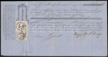 1867 Győr, A Victoria biztosító társaság kitöltött csekkje 3 és 10 krajcáros illetékbélyeggel.