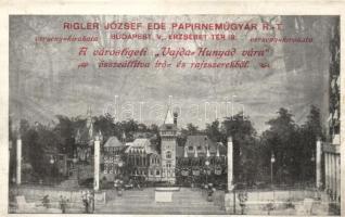 Budapest V. Erzsébet tér 19. Rigler József Ede papírneműgyár Rt. versenykirakata, a Vajdahunyad várának mása író- és rajzszerekből összeállítva (nem képeslap hátoldalú)