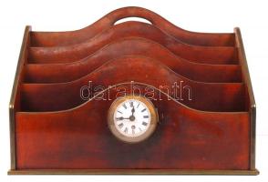 Art deco asztali irattartó órával, kezelt fa, réz szegélyekkel, óra nem működik, 37×28 cm