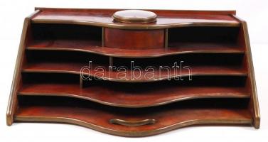 Art deco asztali irattartó órával, kezelt fa, réz szegélyekkel, óra nem működik, 37×28 cm