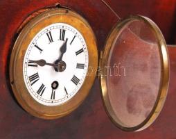 Art deco asztali irattartó órával, kezelt fa, réz szegélyekkel, óra nem működik, 37×28 cm