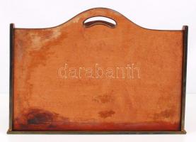 Art deco asztali irattartó órával, kezelt fa, réz szegélyekkel, óra nem működik, 37×28 cm