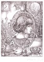 Kolozsvári G. Miklós (1950-): Lány a tükörben.  Rézkarc, papír, jelzett, 19×14 cm